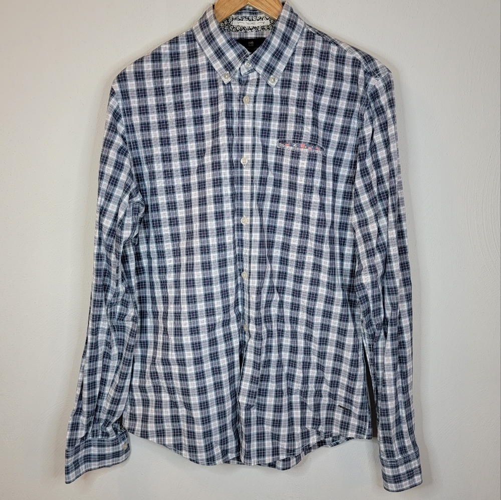 Scotch & Soda Mens Plaid Shirt Large Button Up Long Sleeve Blue White Red Casual